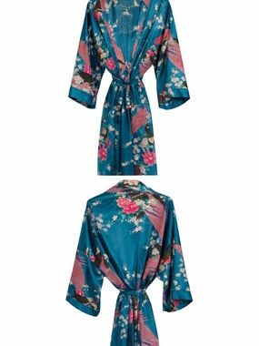 Silk-Feel Floral Kimono Robe in Teal